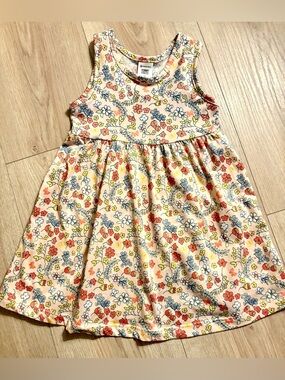 Girls Cream Floral Tank Dress with Red, Blue, Yellow & Green Accents